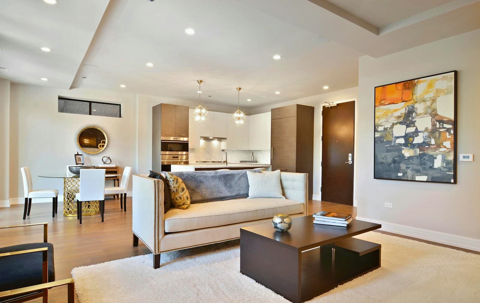 Open plan living and kitchen area in a modern apartment